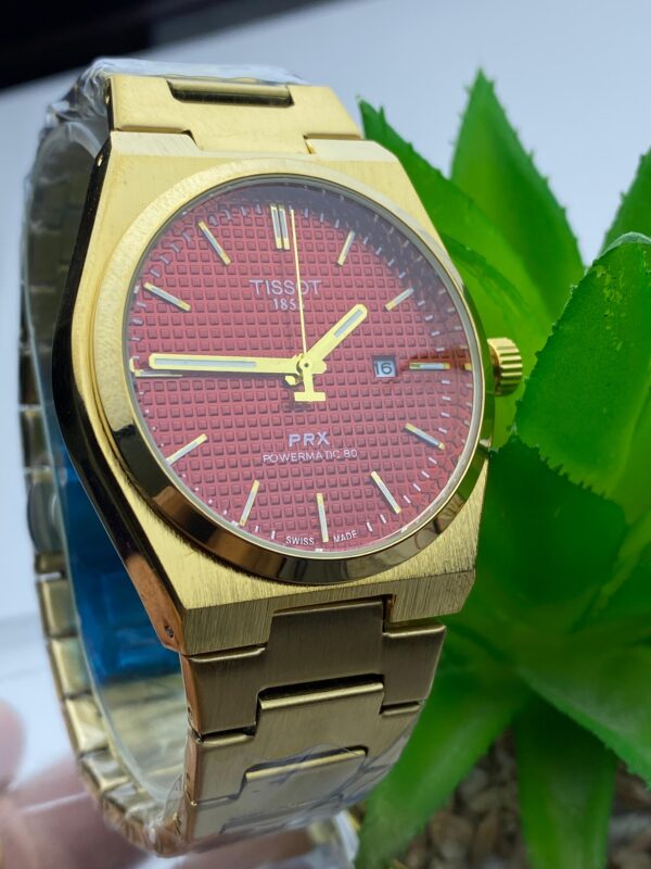 Bold Gold-Tone Tissot PRX Powermatic 80 with Red Waffle Dial