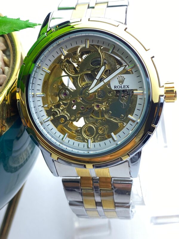 Elegant Automatic Movement Watch - Skeleton Dial & Bi-Color Bracelet