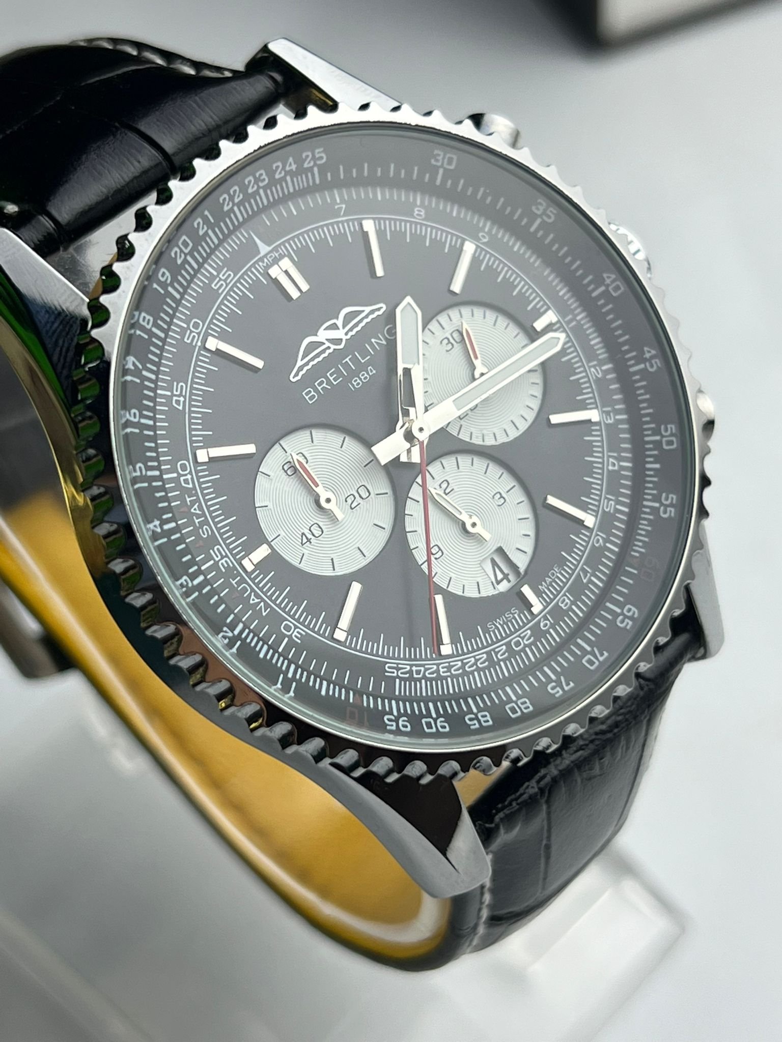 Breitling Chronograph Watch Black Leather Strap