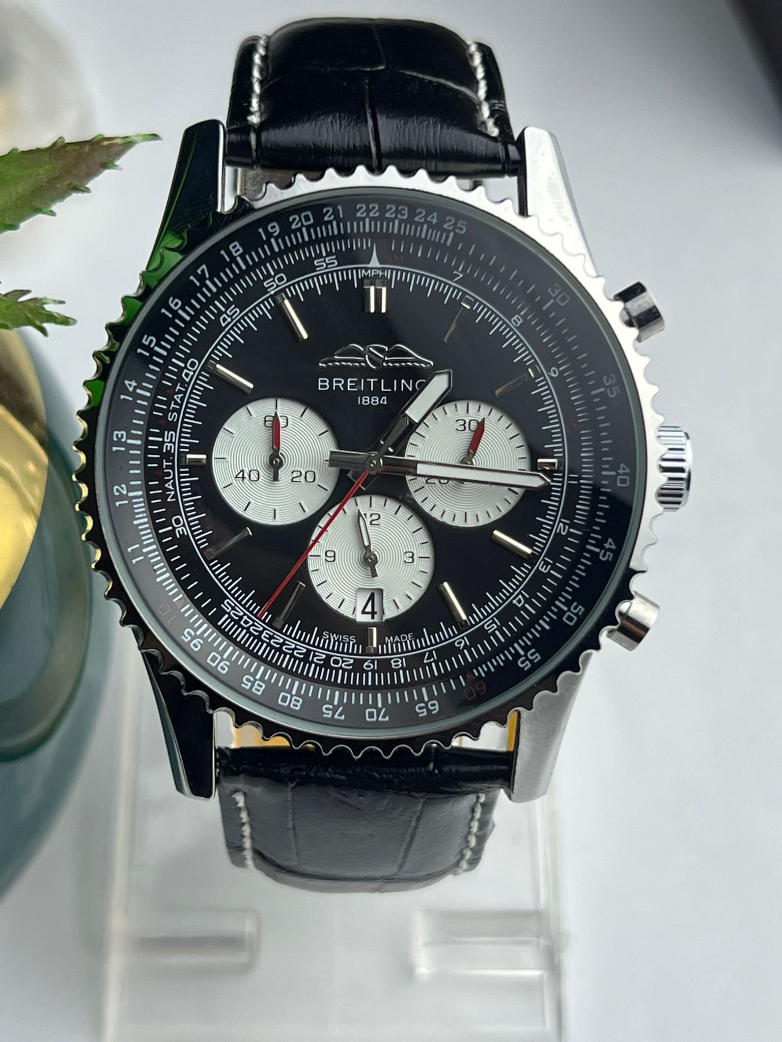 Breitling Chronograph Watch Black Leather Strap - Image 4