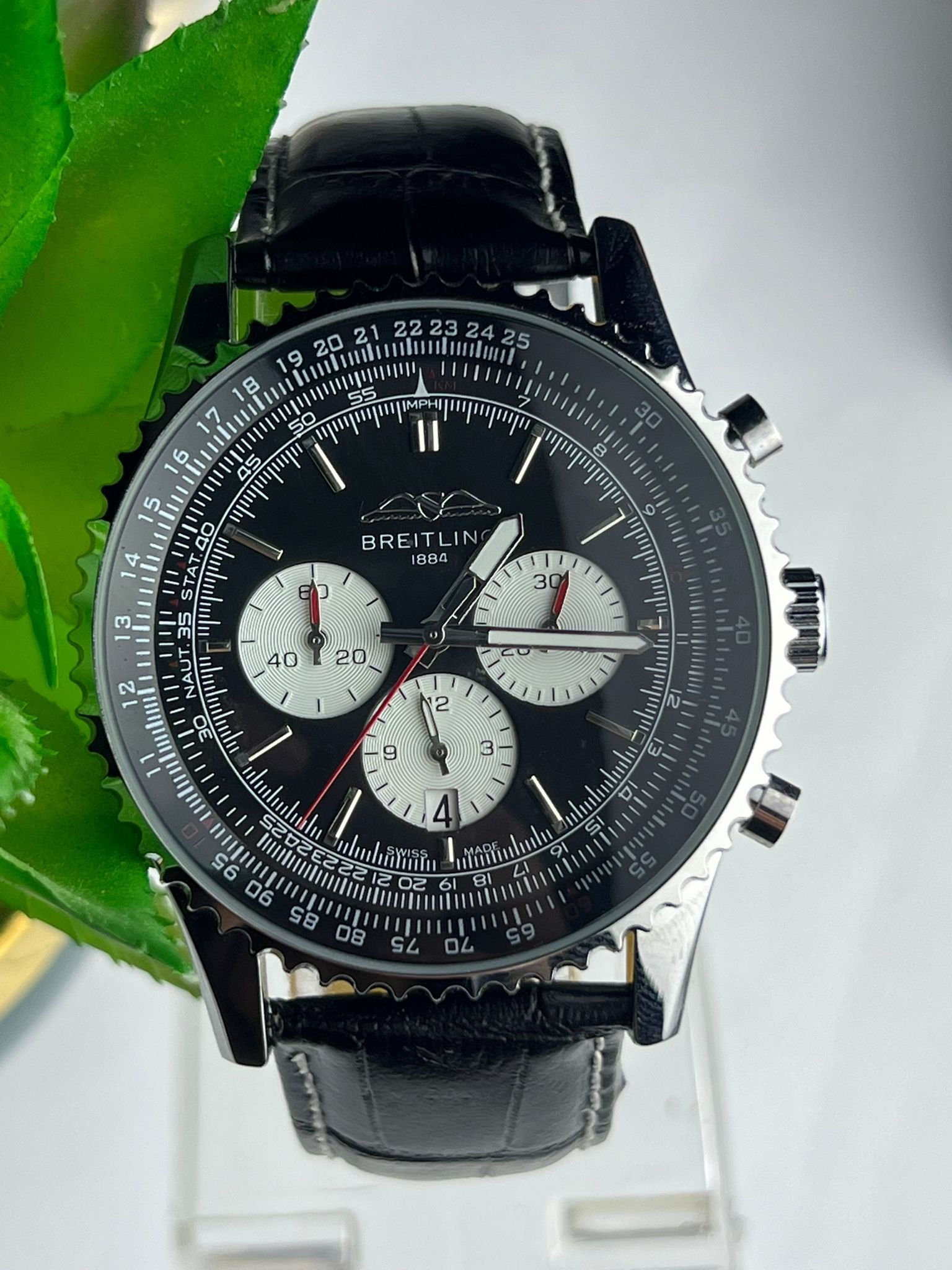 Breitling Chronograph Watch Black Leather Strap - Image 6