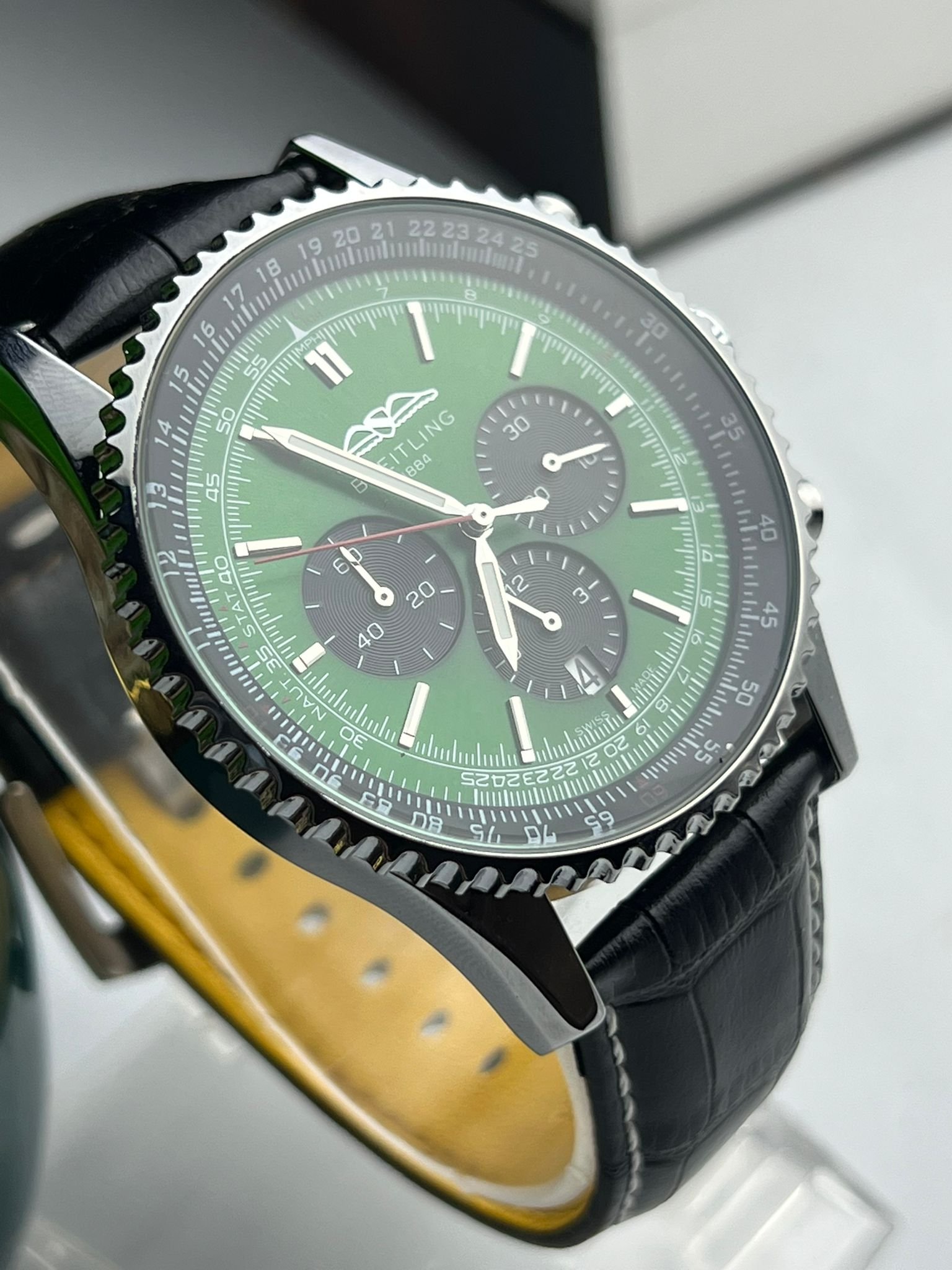 Breitling Chronograph Watch Black Leather Strap - Image 2