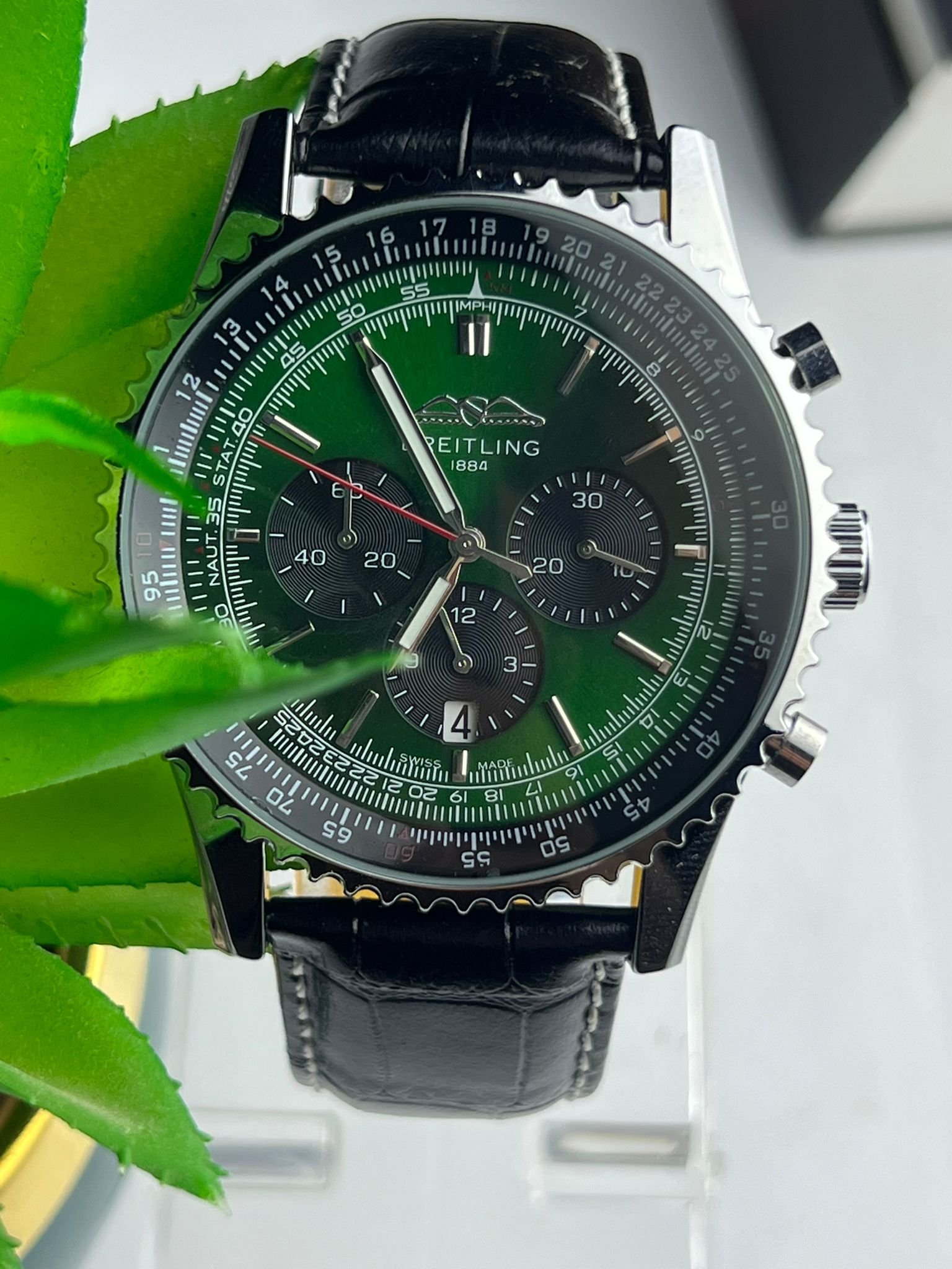 Breitling Chronograph Watch Black Leather Strap - Image 3